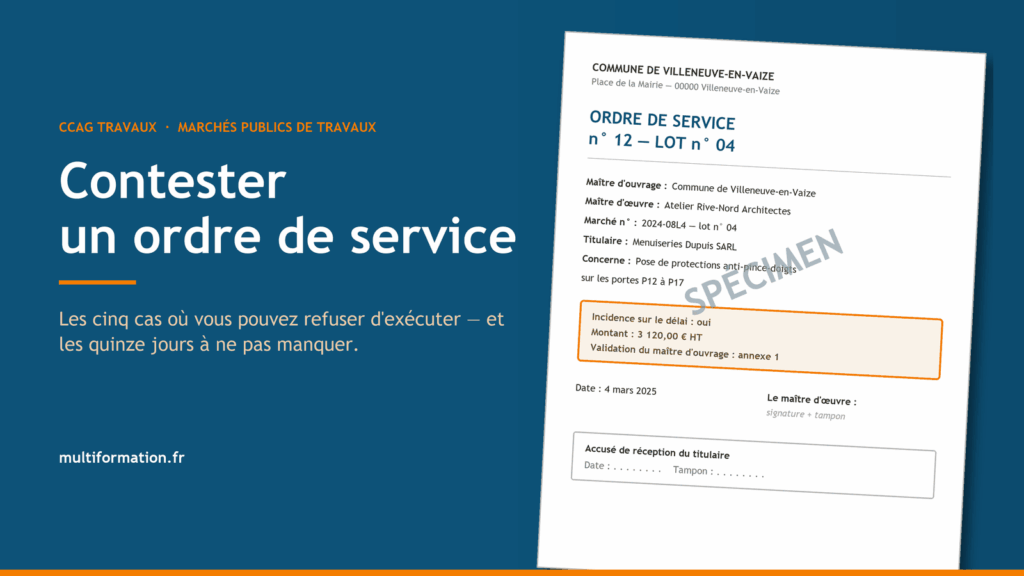 Ordre de service annoté sur fond bleu, illustrant les cinq cas de refus prévus par le CCAG Travaux