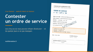 Ordre de service annoté sur fond bleu, illustrant les cinq cas de refus prévus par le CCAG Travaux